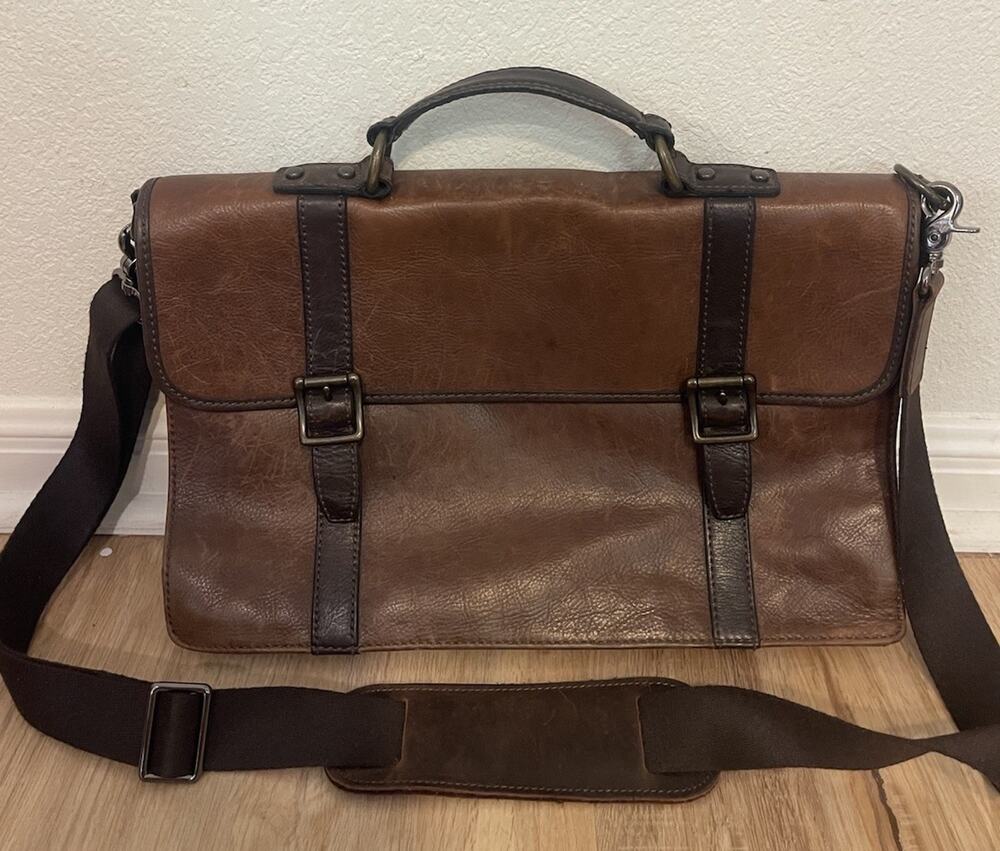 Fossil Leather Messenger Bag Briefcase Brown Laptop Crossbody Office Academia